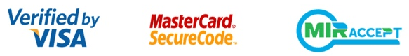 Платежи защищены технологиями Verified by Visa, MasterCard SecureCode и MIR Accept